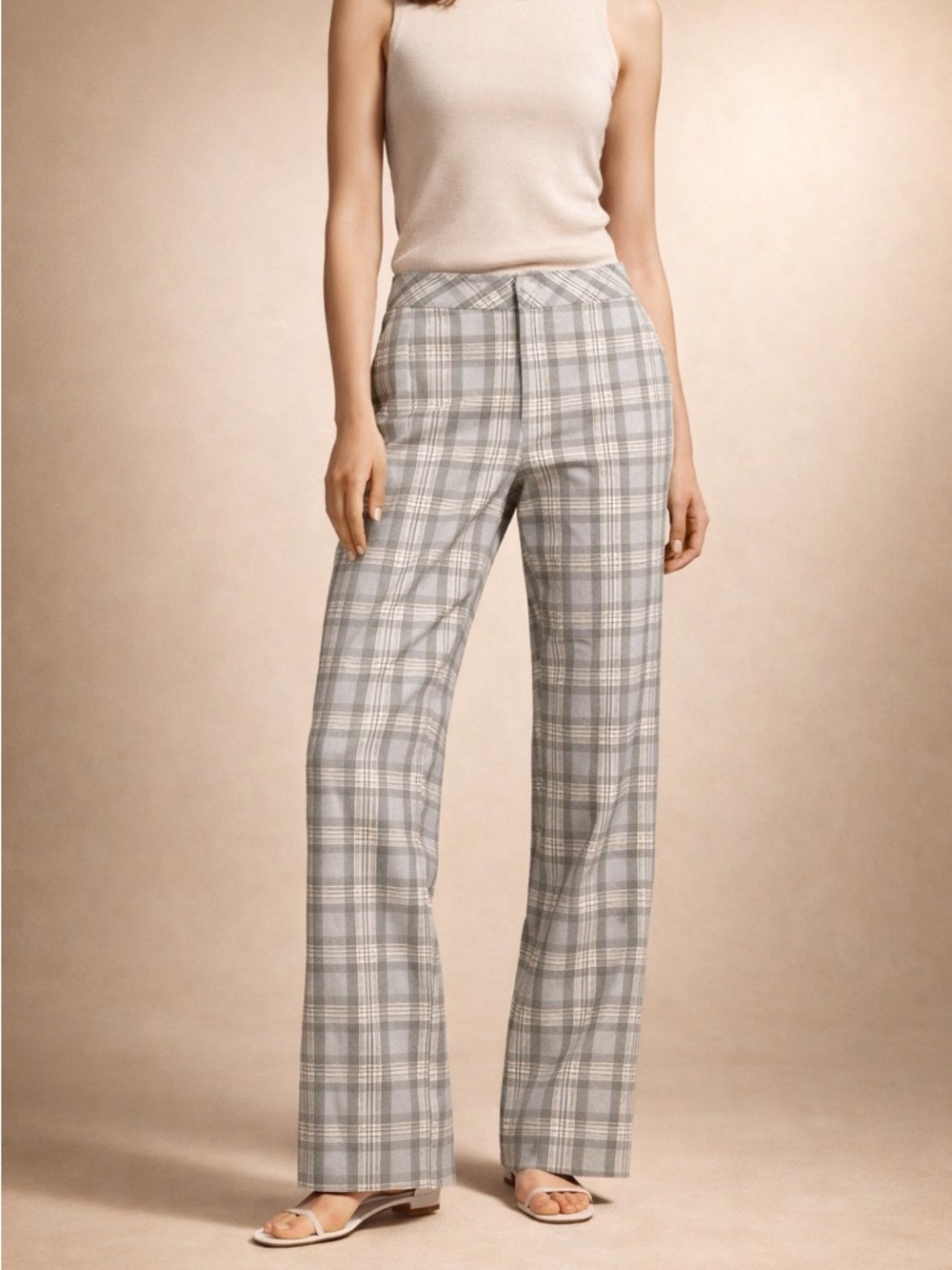 Bobby Jones Gray and Cream Plaid Wide-Leg Trousers